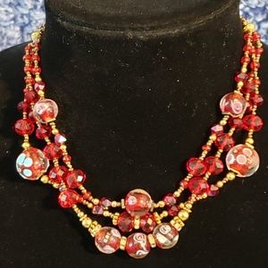 Hand Knotted Silk, Red Millefiori & Czech Glass